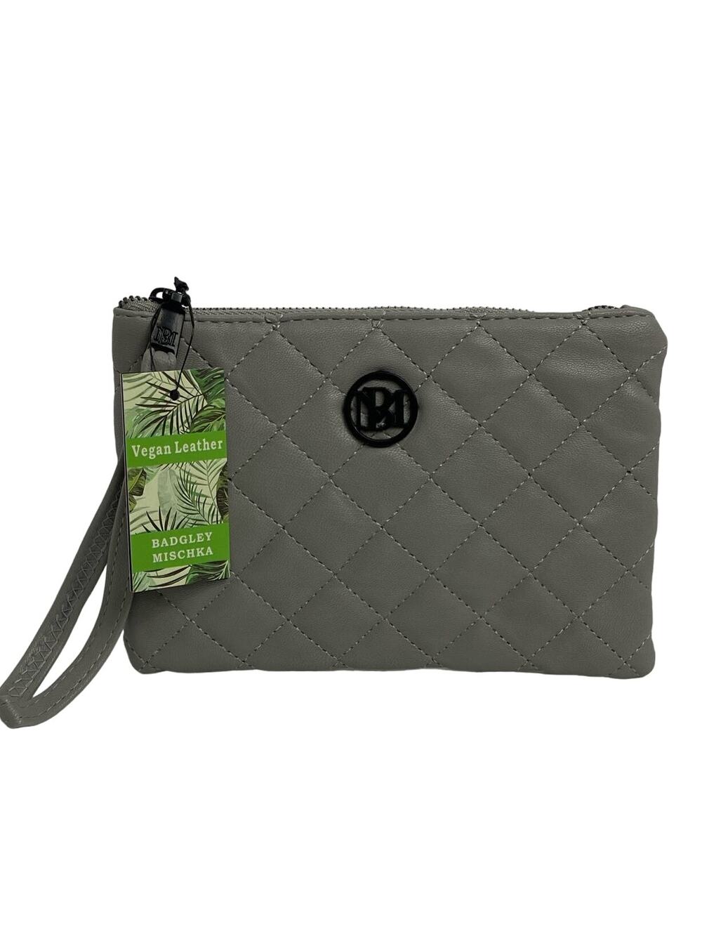 BADGLEY MISCHKA STUDIO Women's Quilted~Logo Vegan Leather Wristlet Grey NEW